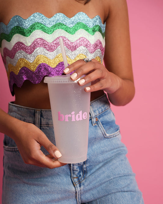 'Bride' Plastic Glitter Tumbler - White and Pink