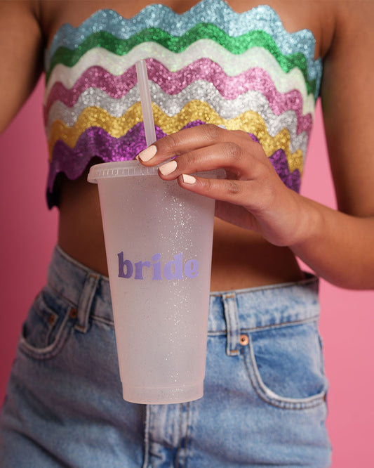 'Bride' Plastic Glitter Tumbler - White and Purple