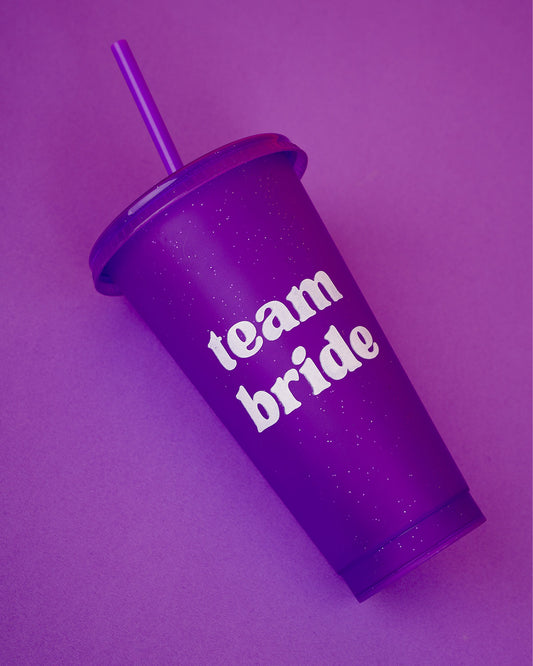 Purple 'Team Bride' Plastic Glitter Tumbler